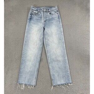 American Eagle Baggy Jean Women 4 Blue Light Wash Raw Hem High Rise Denim